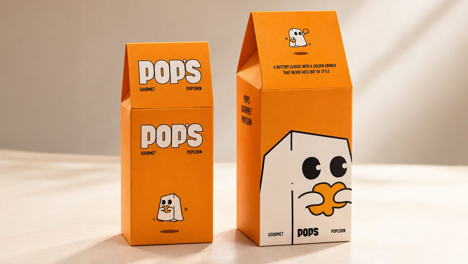 Pop's Gourmet Popcorn boxes with the cheeky popcorn mascot